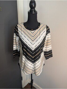 Alfred Dunner Petite Black White and Beige Striped 3/4 Sleeve Top - PS